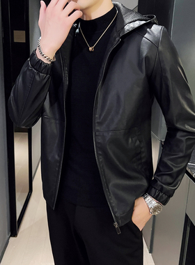 w71春季2026新款时尚帅气连帽衫皮衣外套男士修身a98痞帅机车服