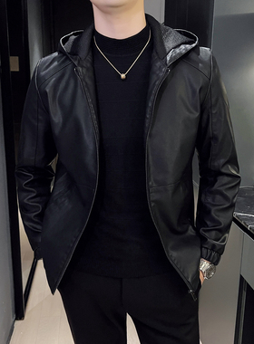 w21春季2026新款时尚帅气连帽衫皮衣外套男士修身a99痞帅机车服