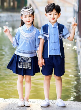 中国风男童广西三月三壮服女童演出服民族服装儿童纯棉幼儿园园服