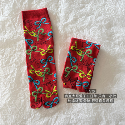 39包邮/新年红！日单精梳棉红色蝴蝶结纯棉分趾两趾中筒袜子