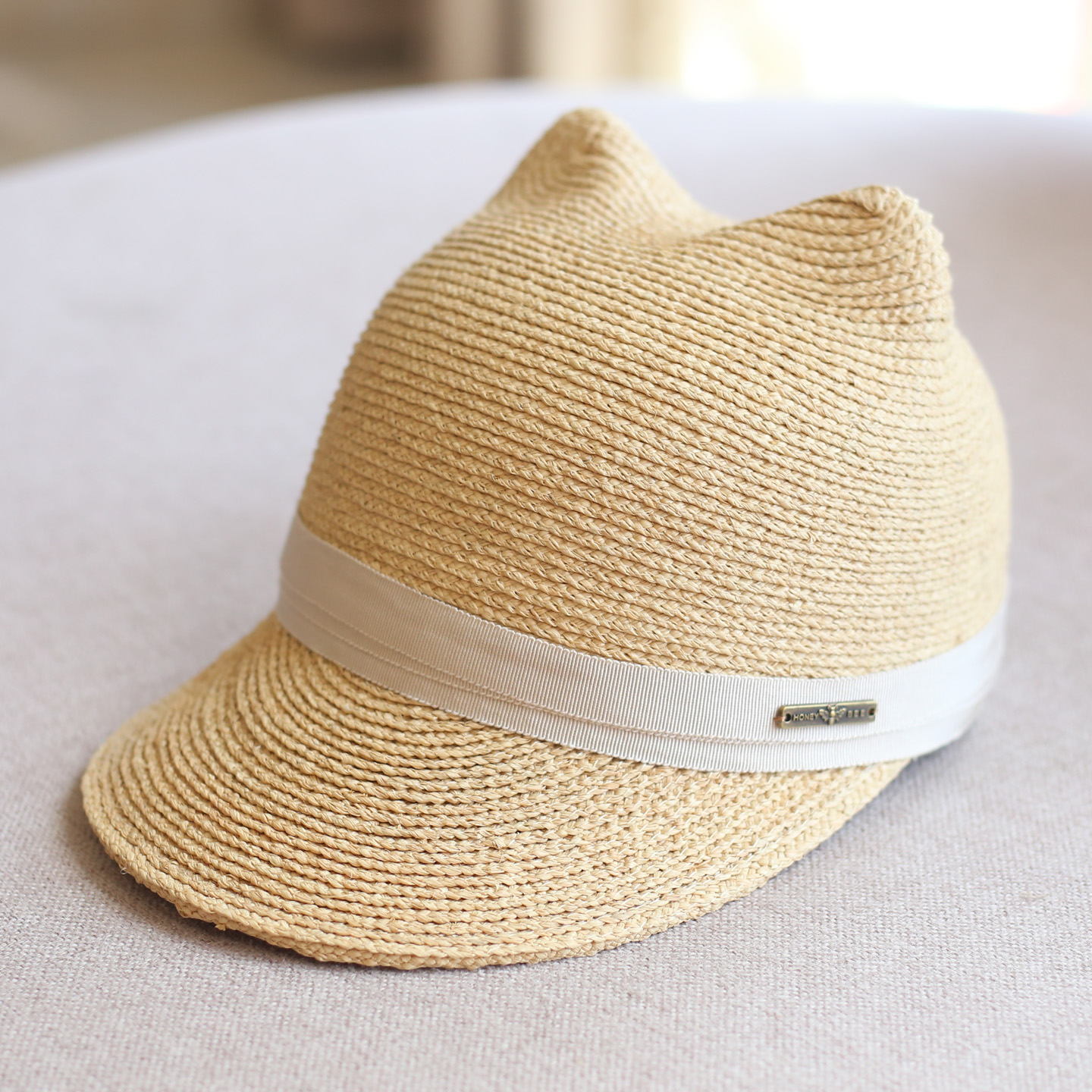 萌系穿搭猫耳朵棒球帽子女夏季防晒拉菲草草帽可爱遮阳时装马术帽