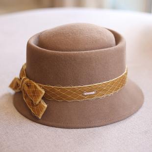 秋冬日系CL4家凹顶网纱丝绒蝴蝶结盆帽羊毛呢渔夫帽时装 帽显脸小