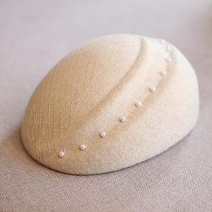 秋冬复古凹印珍珠羊毛呢圆顶贝雷帽礼帽毡帽女出游逛街保暖显脸小