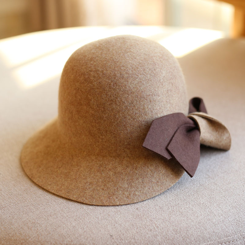 秋冬羊毛呢礼帽韩版百搭蝴蝶结盆帽优雅渔夫帽子女潮英伦风遮阳帽