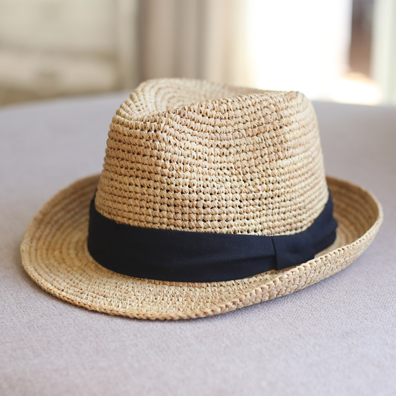 防晒遮阳蝴蝶结拉菲草编织草帽出游逛街百搭爵士草编礼帽卷边英伦