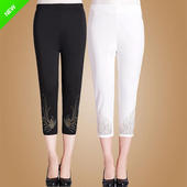 夏季 中年妇女七分裤 外穿裤 中老年女装 子 纯色休闲打底7分裤 妈妈装