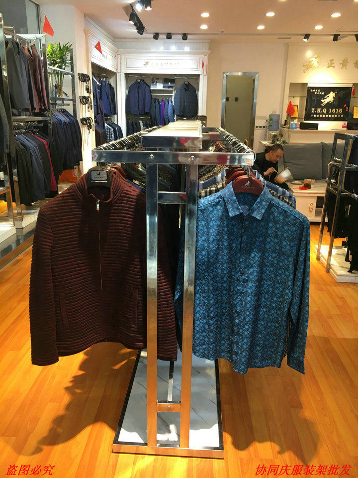 不锈钢男装店中岛架女装加粗加厚落地式双杆展示架层板服装货架子