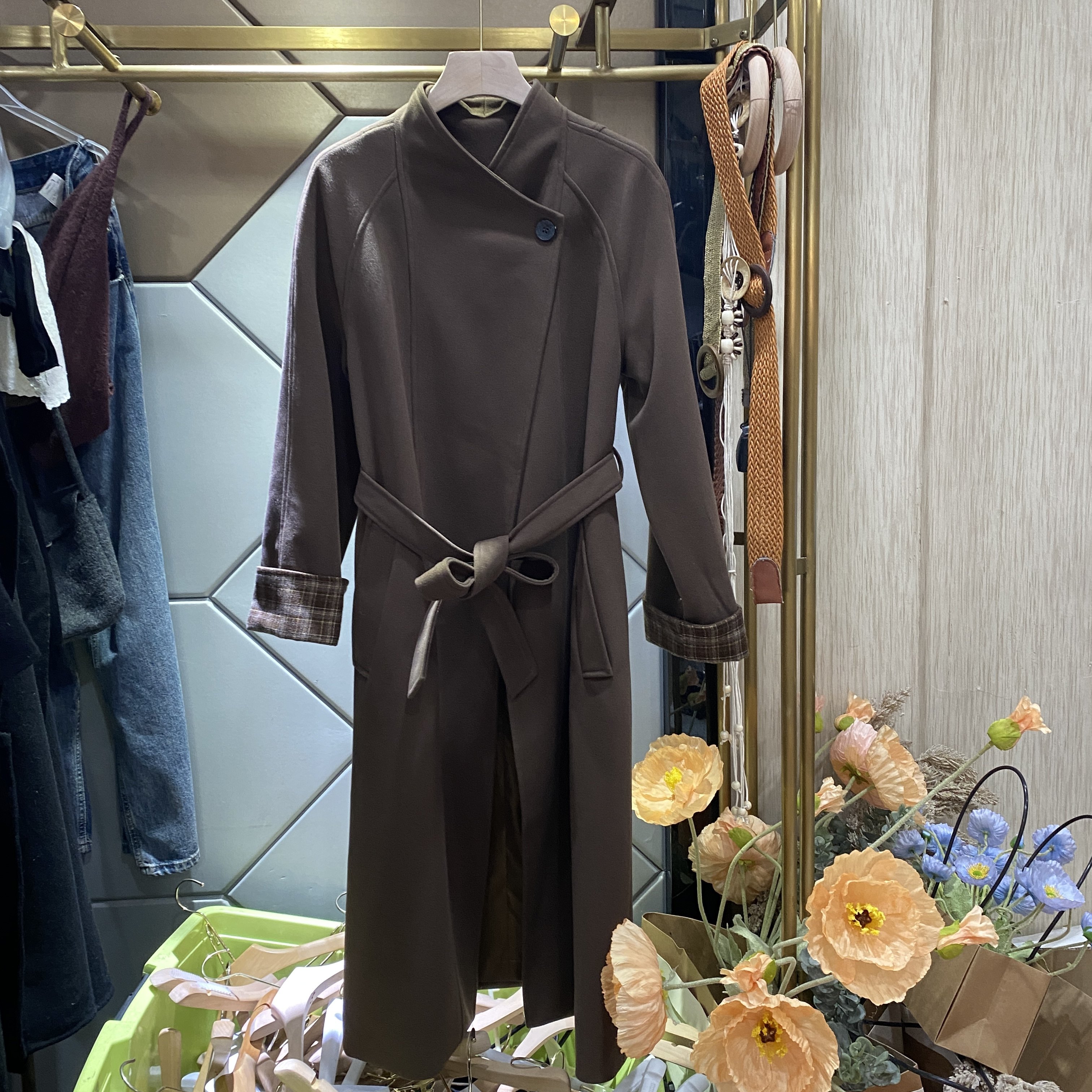 赫本风系带收腰立领气质毛呢外套中长款短款格纹拼接气质妮子大衣