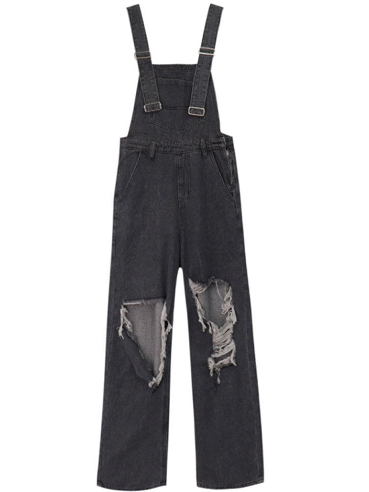 RIPPED DENIM BIB WOMENS SUMMER AMERICAN RETRO HIGH-WAISTED SLIM DESIGN SENSE NICHE FRIED STREET JUMPSUIT TREND