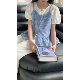 甜美少女风格子吊带上衣蕾丝阔腿裤套装女童夏季温柔韩系两件套