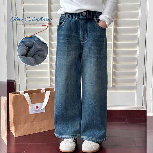 LZ韩国女童冬季一体绒直筒牛仔裤