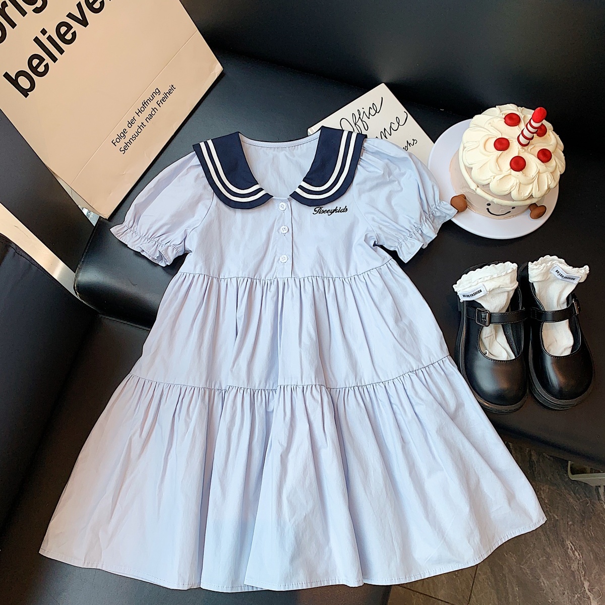 女童连衣裙2025夏装新款儿童学院风蓝色公主裙中大童女孩洋气裙子