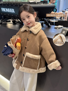 韩国儿童仿皮毛一体棉衣加厚中大童装 女童羊羔绒外套2025冬季 新款