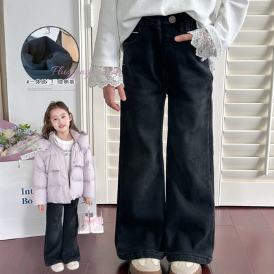 韩国女童加绒微喇牛仔裤