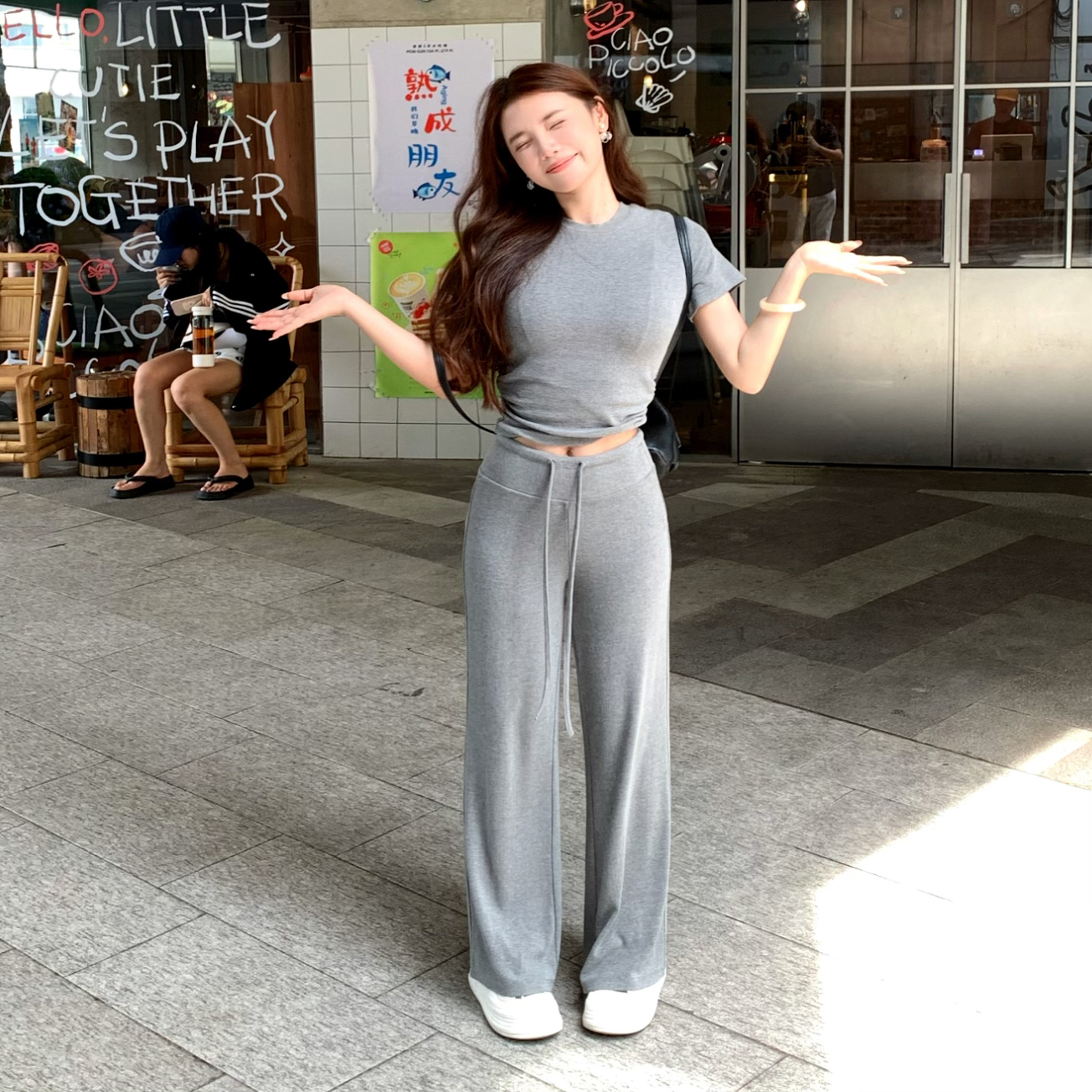 【素简日记】灰色套装女夏季运动风阔腿裤显瘦两件套2025新款