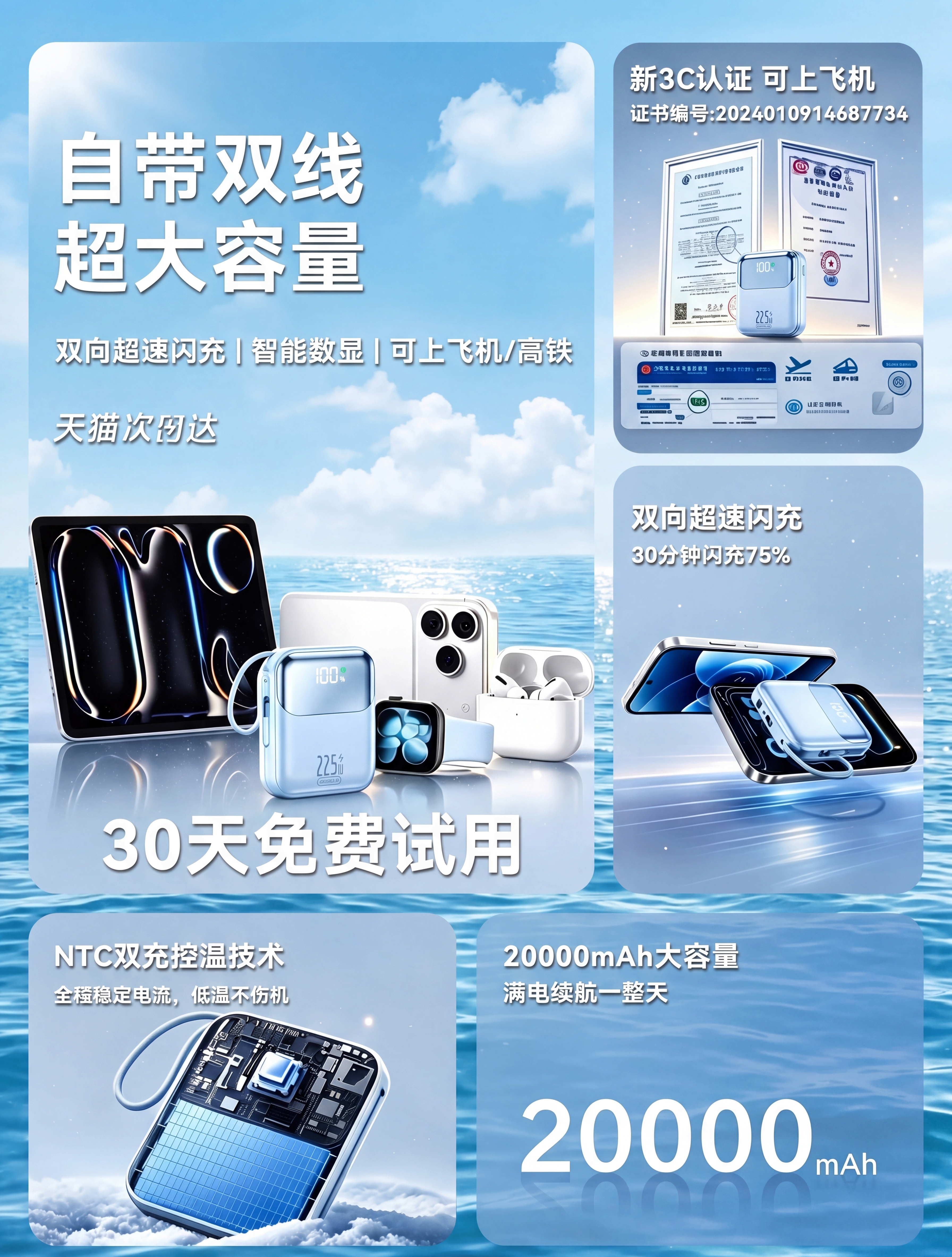 [National 3C Certified Power Bank for Airplanes] 2026 New Fast Charging Digital Display with Built-in Cable, 20,000mAh Portable High-Speed Rail Ultra-Large Capacity Outdoor Ultra-thin Compact Flash Charging Power Bank