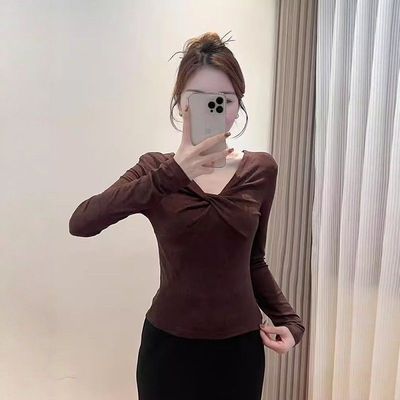 大码女装性感V领扭结长袖T恤