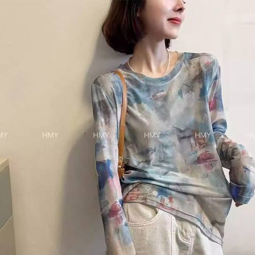 大码女装薄款双层长袖防晒网纱罩衫夏季宽松显瘦百搭胖mm打底上衣
