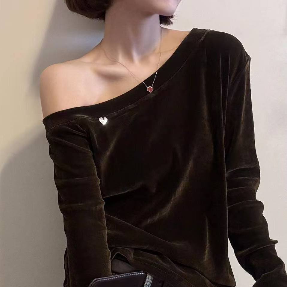 大码女装法式纯色斜肩露肩丝绒长袖T恤秋冬新款时尚小众修身上衣,女装/女士精品,大码内搭,淘宝优惠券,粉丝福利购,淘宝优惠卷