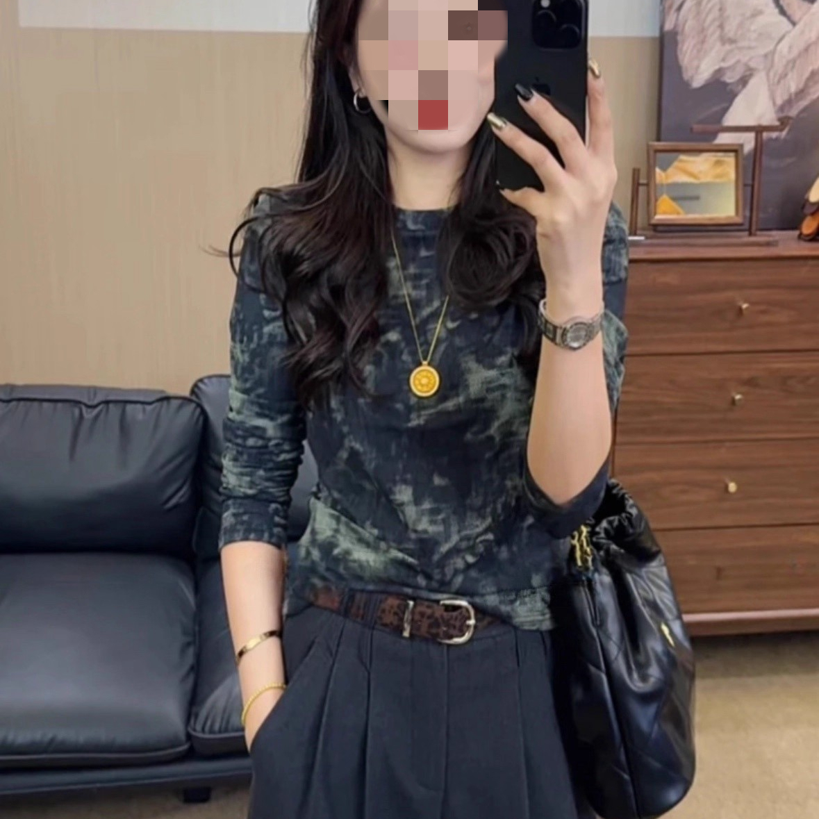 大码女装设计感扎染圆领加厚长袖t恤女秋冬新款修身内搭打底上衣