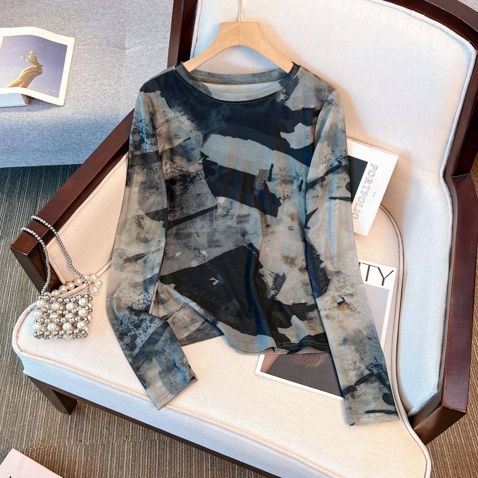 大码女装复古印花双层网纱长袖防晒女秋季宽松轻薄罩衫胖mm上衣女