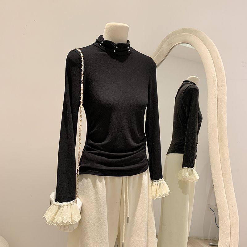 大码女装半高领打底衫秋冬新款磨毛褶皱蕾丝边喇叭袖修身内搭上衣,女装/女士精品,大码内搭,淘宝优惠券,粉丝福利购,淘宝优惠卷