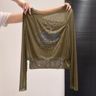 打底衫 双层网纱复古印花长袖 女内搭秋季 修身 胖mm上衣 大码 短款 女装