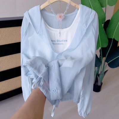 蓝色连帽轻薄透气防晒衬衫女上衣夏季新款设计感下摆抽绳薄外套