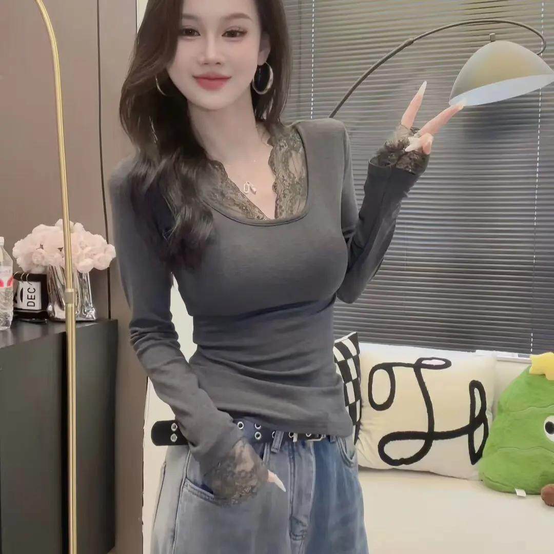 大码胖mm秋冬季新款蕾丝拼接方领小心机设计款磨毛加厚打底衫上衣,女装/女士精品,大码内搭,淘宝优惠券,粉丝福利购,淘宝优惠卷