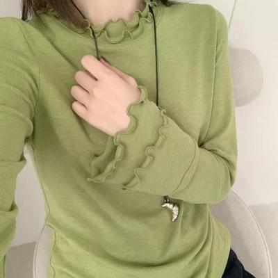 大码女装设计款秋冬气质甜美双木耳边长袖立领T恤加厚打底衫上衣