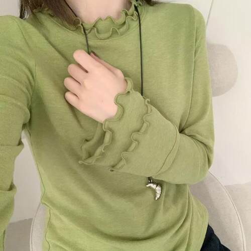 大码女装设计款秋冬气质甜美双木耳边长袖立领T恤加厚打底衫上衣