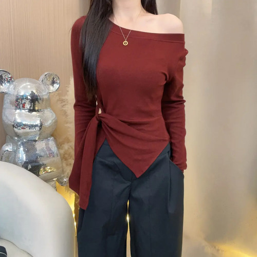 大码胖mm韩系条纹不规则开叉斜肩长袖T恤女装早秋收腰设计感上衣