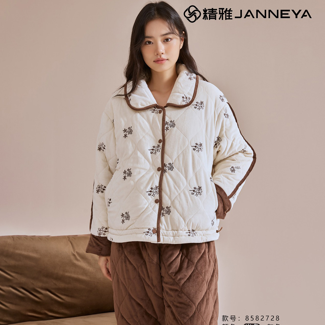 精雅睡衣冬季女士三层加厚夹棉珊瑚绒印花时尚保暖青年家居服棉袄