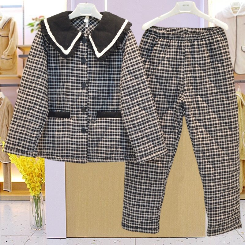 妮可雅睡衣冬季女士纯棉梭织磨毛格子三层加厚夹棉保暖家居服棉袄