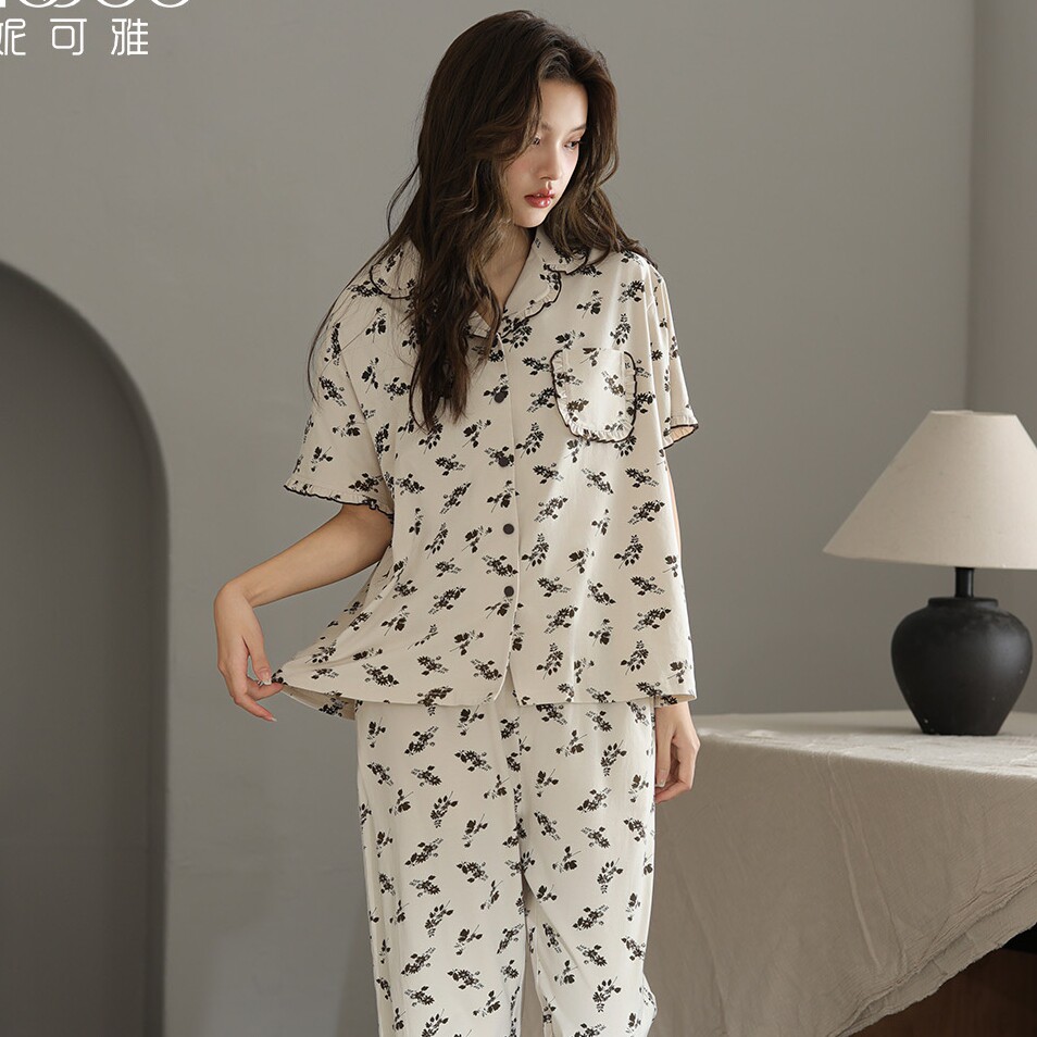 妮可雅睡衣2026春夏季女士奥力棉印花短袖长裤甜美可爱休闲家居服