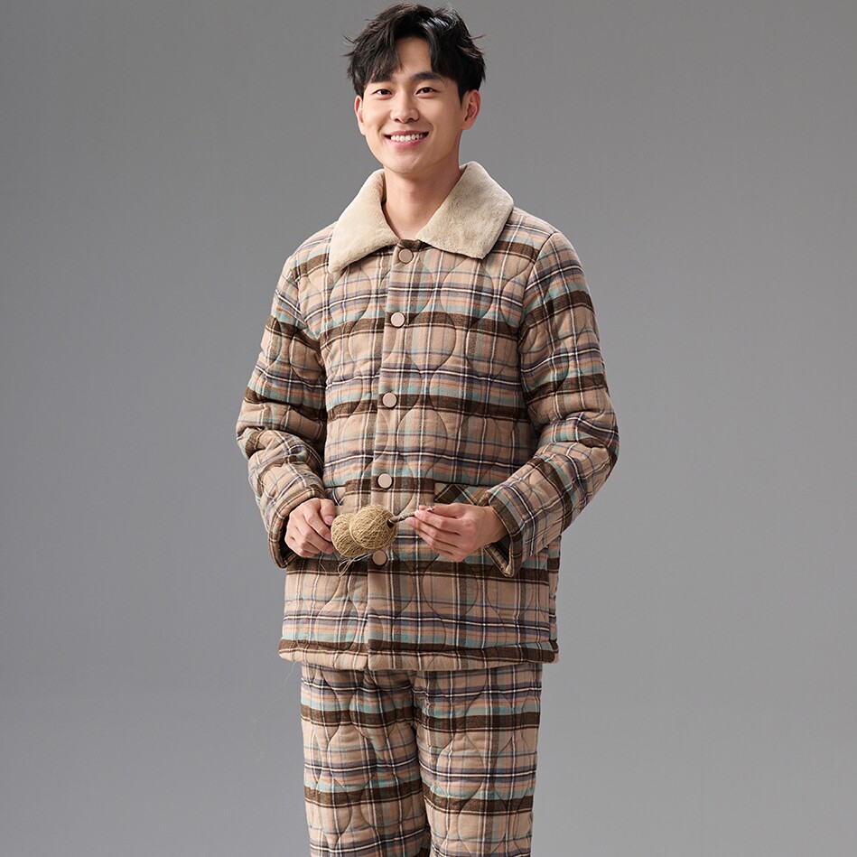 安之伴男冬季三层夹棉纯棉睡衣