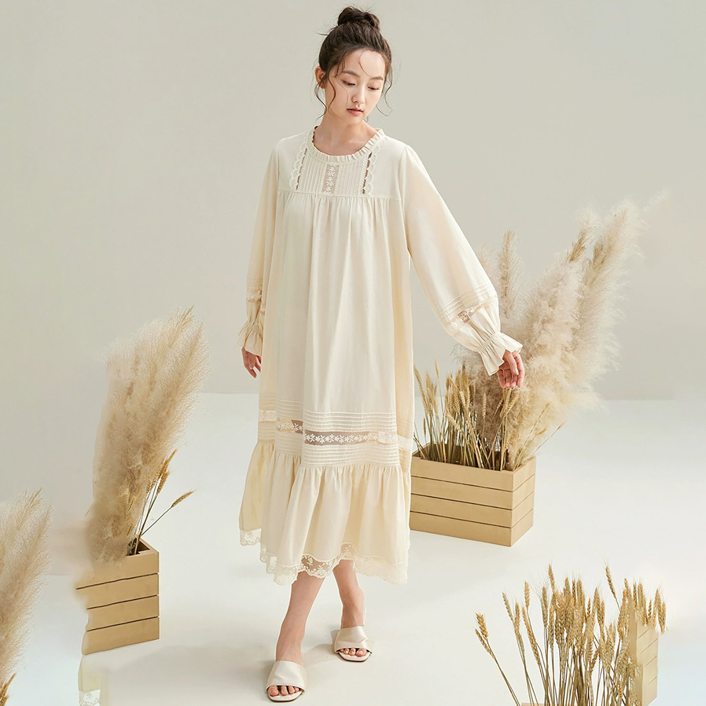 安之伴巨柔软睡裙女春秋季2025新款纯棉梭织长袖可外穿时尚家居服