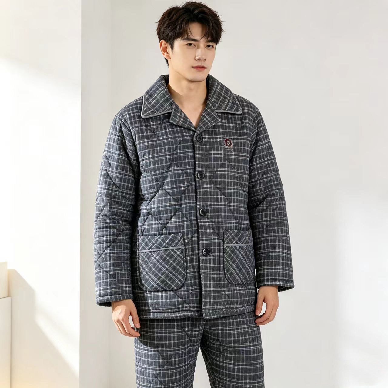 妮可雅睡衣冬季男士纯棉梭织磨毛加厚夹棉时尚保暖青年家居服棉袄