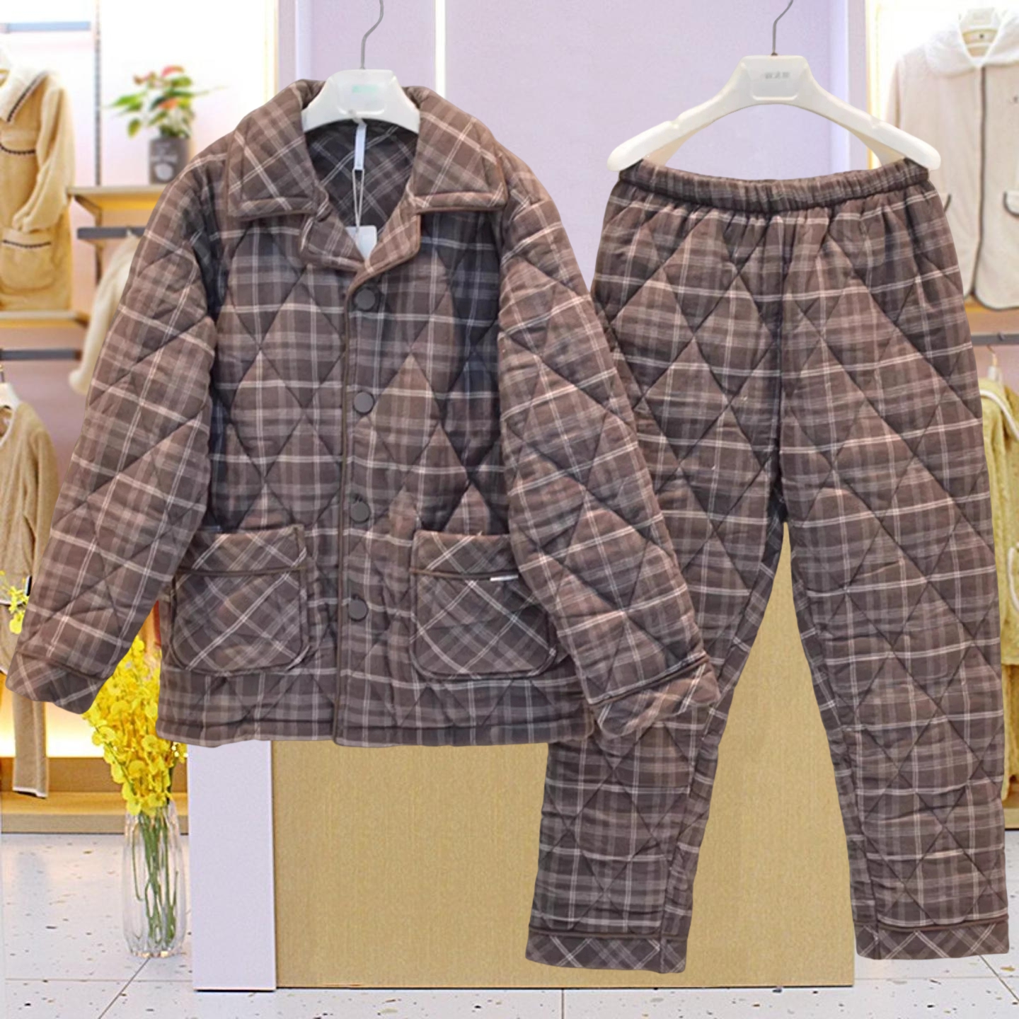 安之伴睡衣冬季男三层加厚夹棉纯棉梭织格时尚保暖青年家居服棉袄