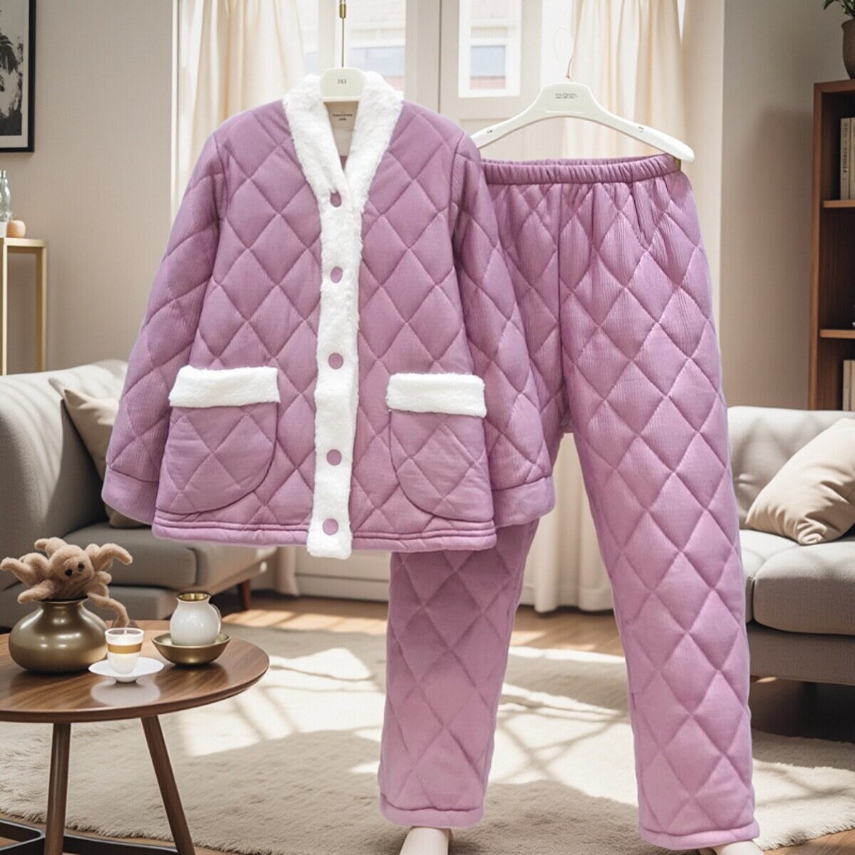 精雅睡衣女士秋冬季2024新款加绒加厚三层夹棉保暖V领家居服套装