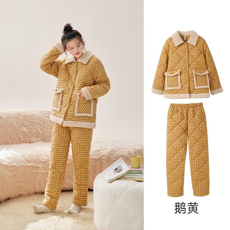 安之伴冬季夹棉睡衣女加厚三层珊瑚绒保暖格子加绒家居服大码棉袄