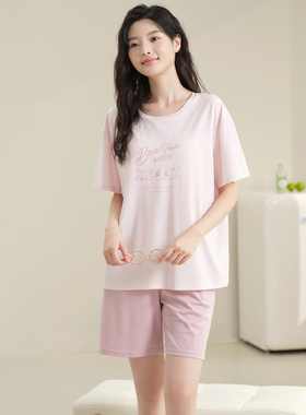 佰伦熊睡衣夏季薄款女士弹力针织休闲短袖短裤可外穿青年家居服套