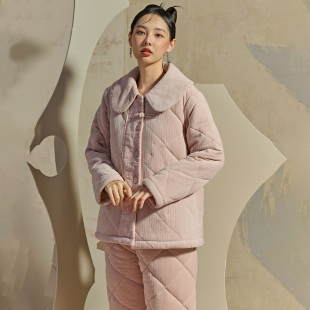 女三层加厚夹棉奥毛绒烂花时尚 安之伴睡衣冬季 保暖青年家居服棉袄