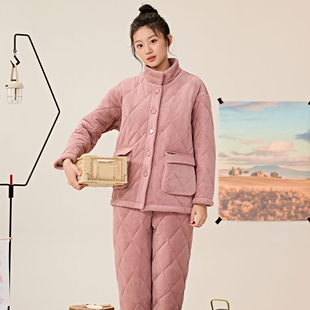 女三层加厚奥毛绒剪花夹棉时尚 安之伴睡衣冬季 保暖立领家居服棉袄