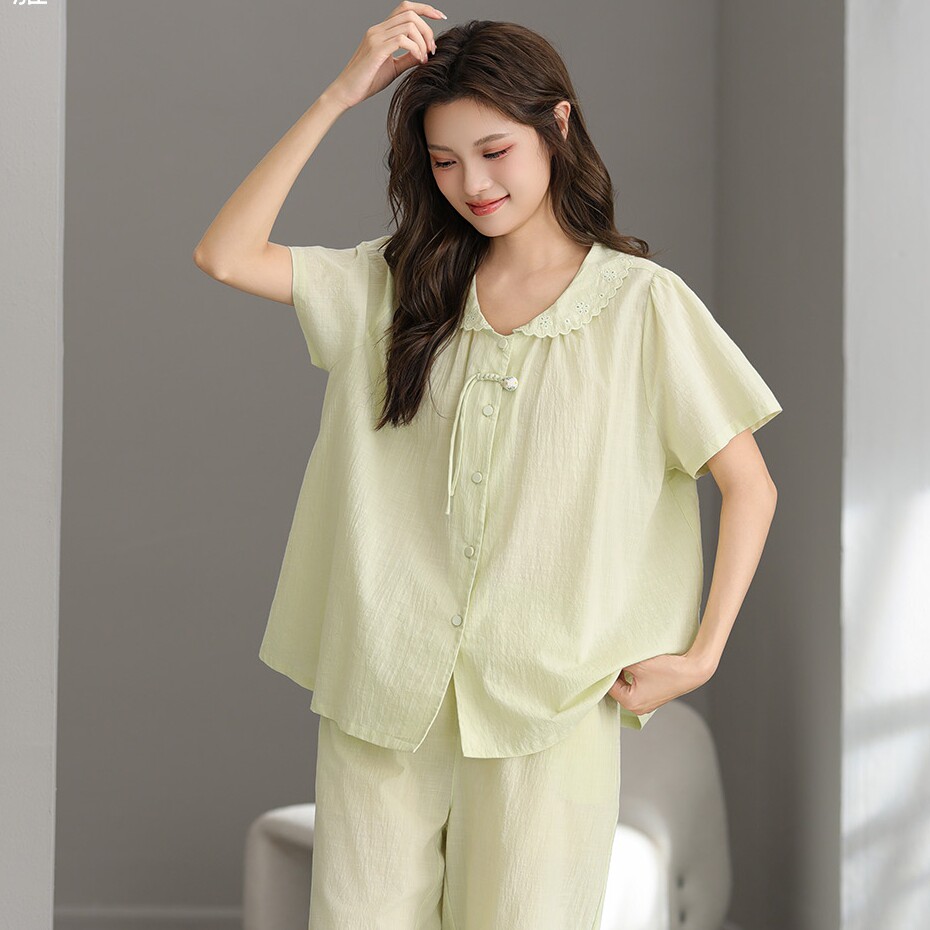 妮可雅睡衣2026夏季女梭织竹节全棉短袖七分裤甜美可爱休闲家居服