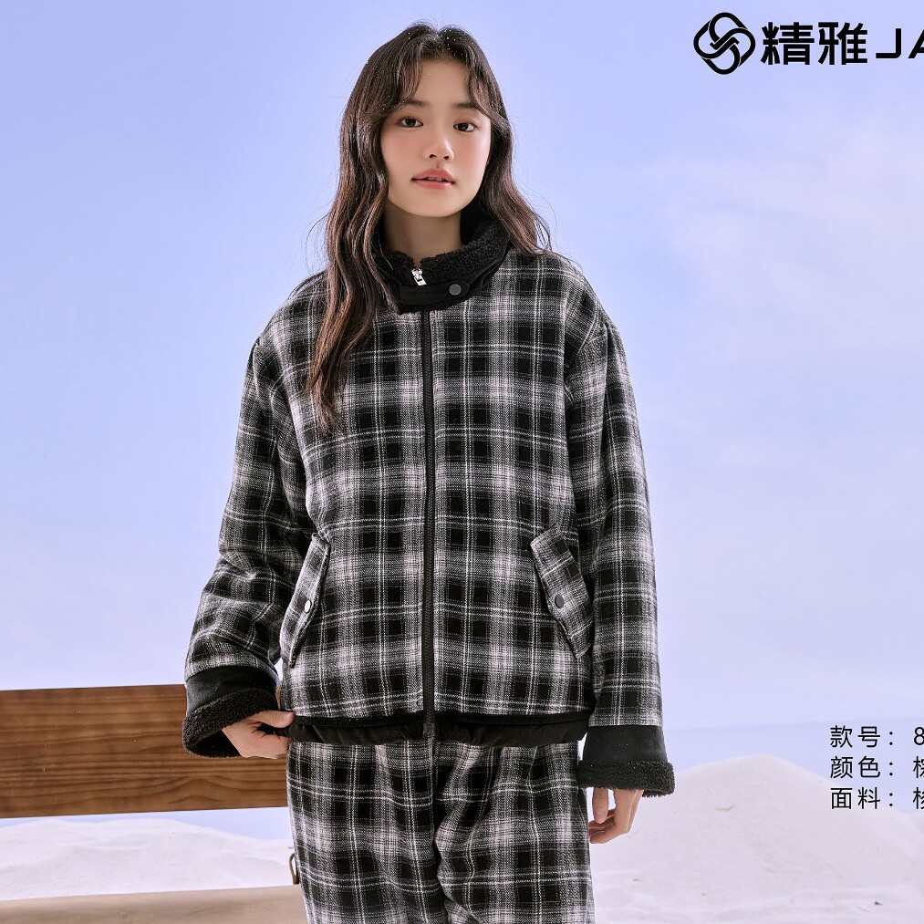 精雅睡衣冬季女纯棉梭织格子三层加厚夹棉时尚保暖青年家居服棉袄