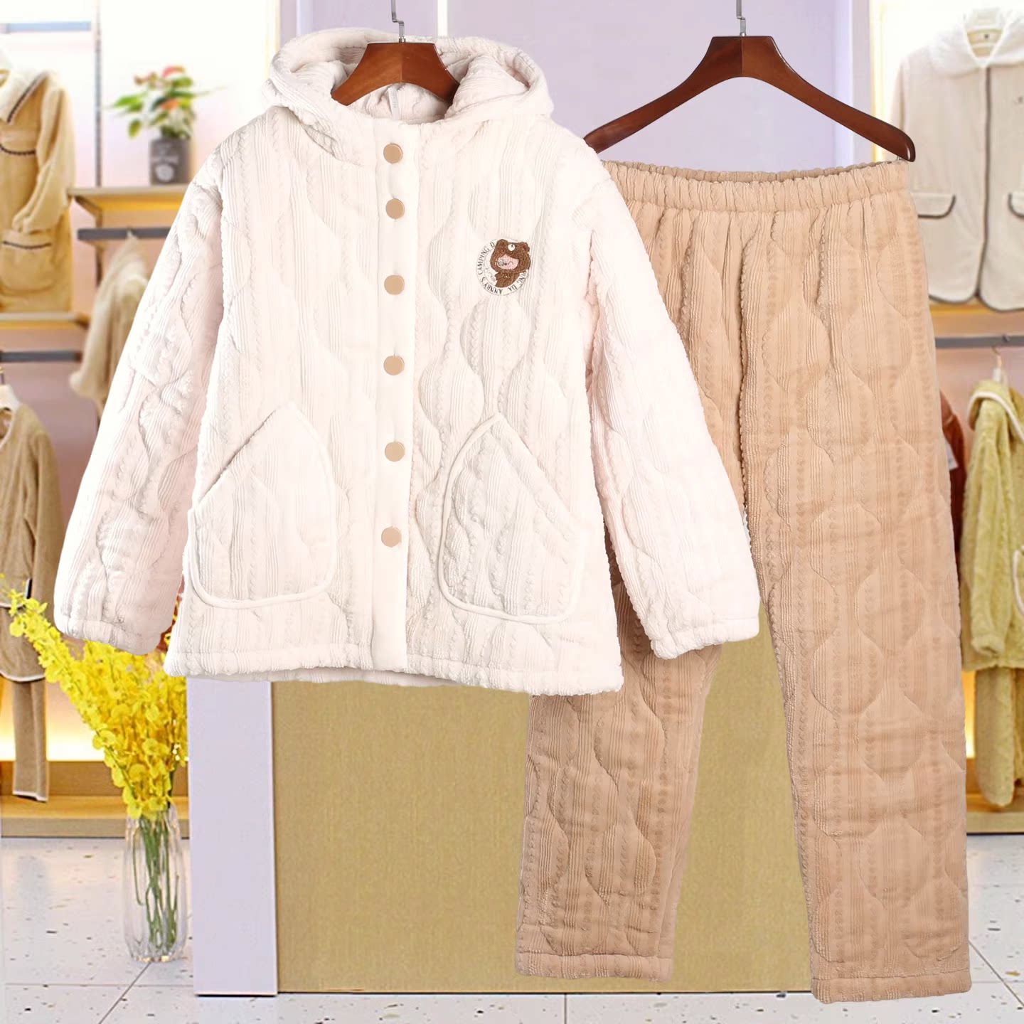 安之伴加绒睡衣冬季女三层加厚珊瑚绒夹棉时尚保暖连帽家居服棉袄