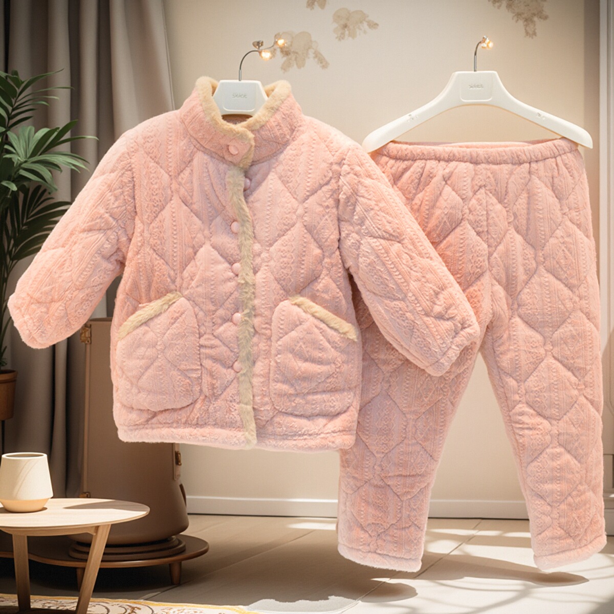 精雅儿童夹棉睡衣秋冬季三层加厚珊瑚绒可爱保暖小女孩立领家居服