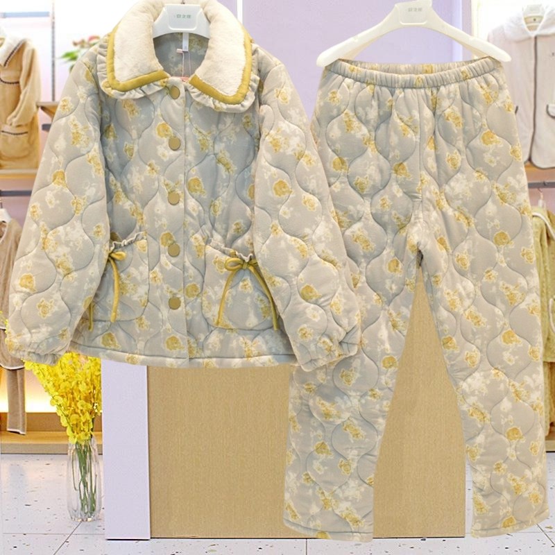 乐可美睡衣冬季女士欧棉绒印花三层珊瑚绒加厚夹棉保暖家居服棉袄
