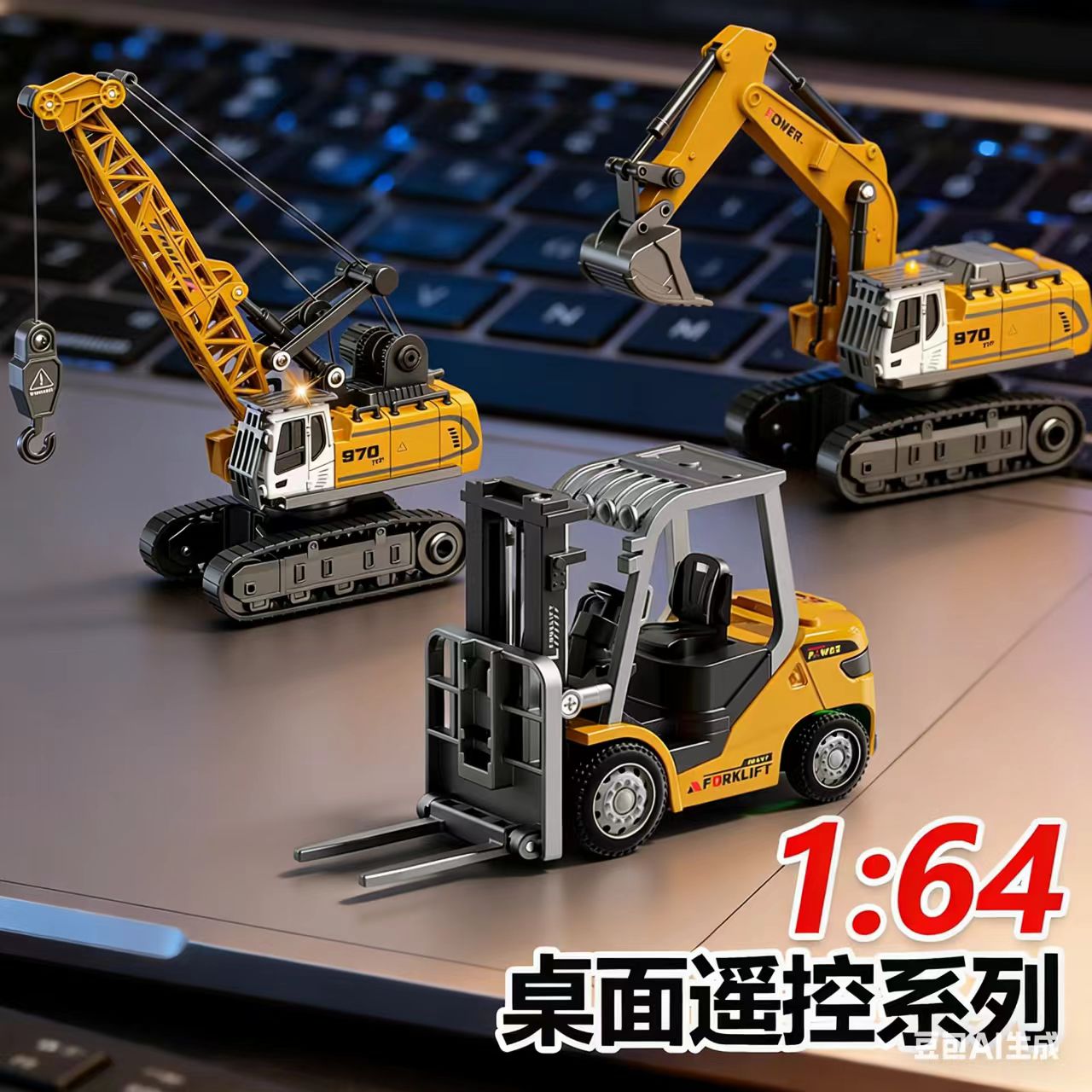 迷你合金遥控车叉车工程车玩具1:64桌面挖掘机仿真模型儿童礼物图片